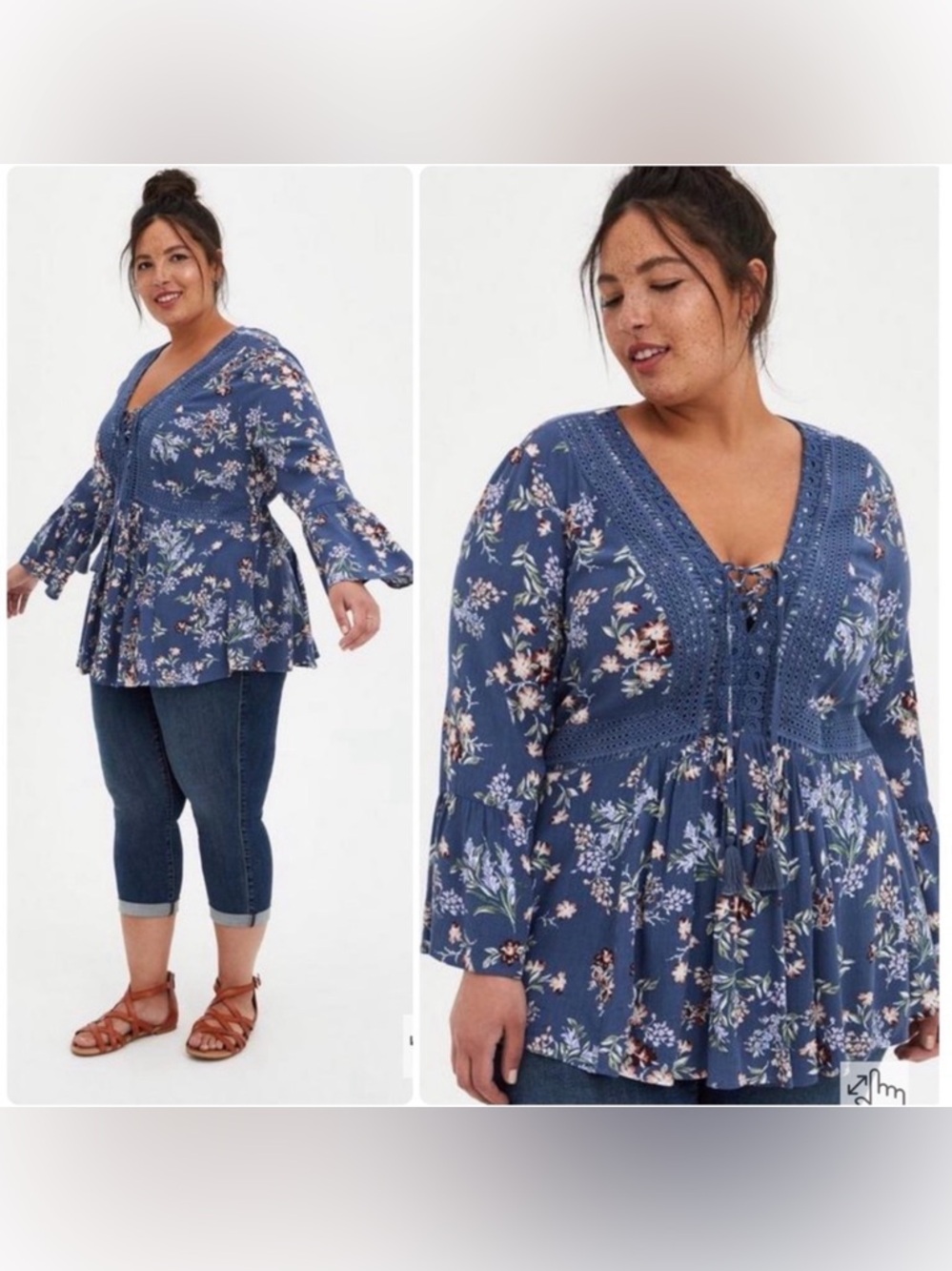 Torrid Babydoll Gauze Crochet Trim Floral Lace-Up Top Dusty Blue Plus Size 1 1X